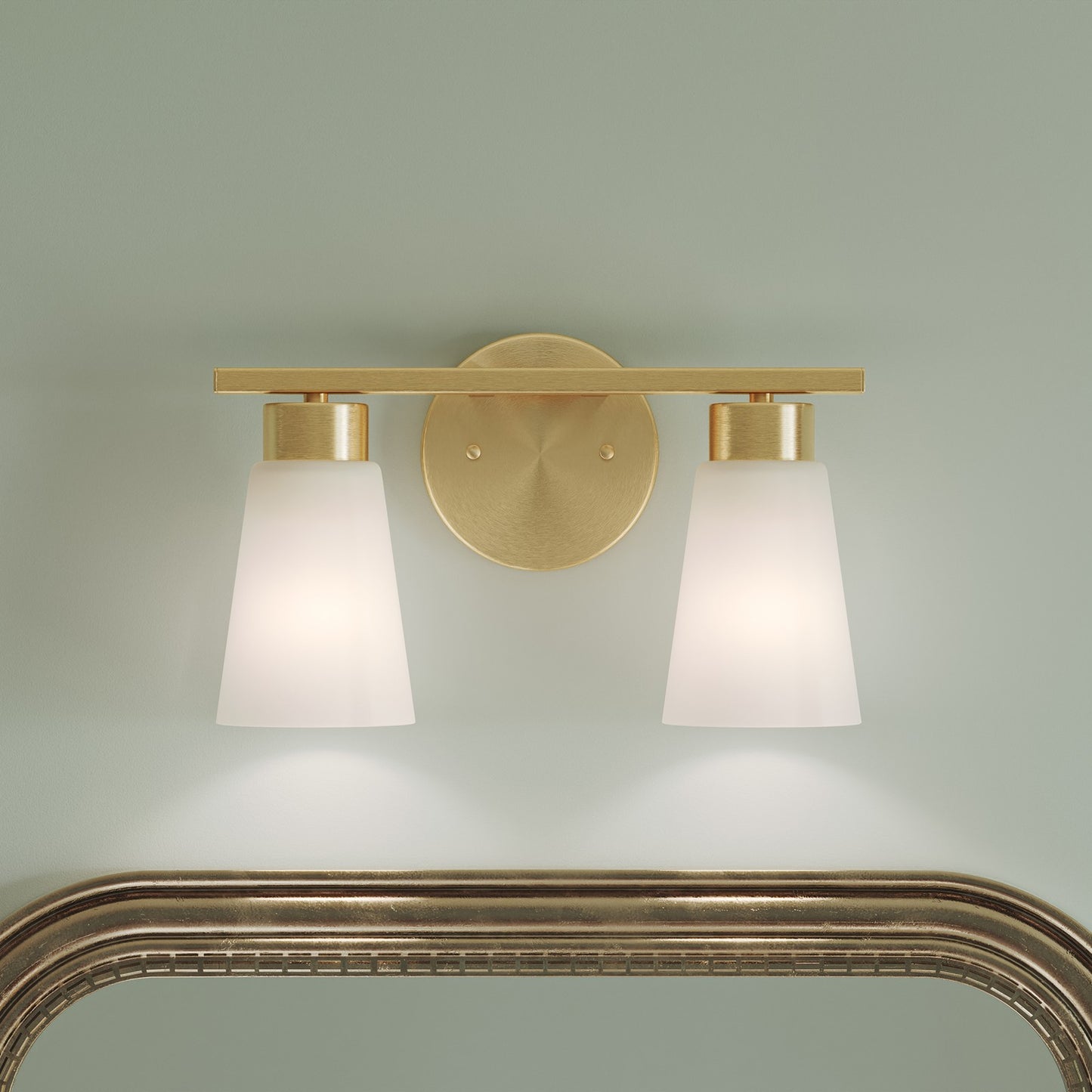 Kichler Stamos 13.25in 2-Light Vanity Light | Modern Brushed Gold Steel and Clear Satin Etched Glass | Bathroom Vanity | 13.25 x 8.25 in | Model 55120BG
