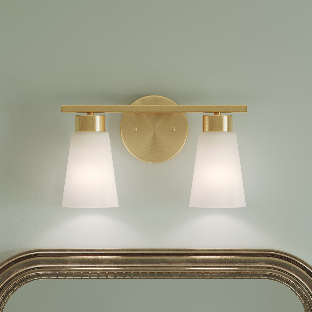 Kichler Stamos 13.25in 2-Light Vanity Light | Modern Brushed Gold Steel and Clear Satin Etched Glass | Bathroom Vanity | 13.25 x 8.25 in | Model 55120BG