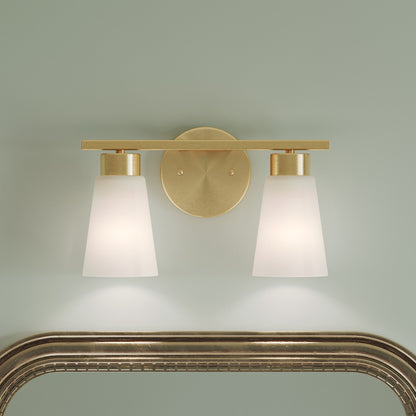 Kichler Stamos 13.25in 2-Light Vanity Light | Modern Brushed Gold Steel and Clear Satin Etched Glass | Bathroom Vanity | 13.25 x 8.25 in | Model 55120BG