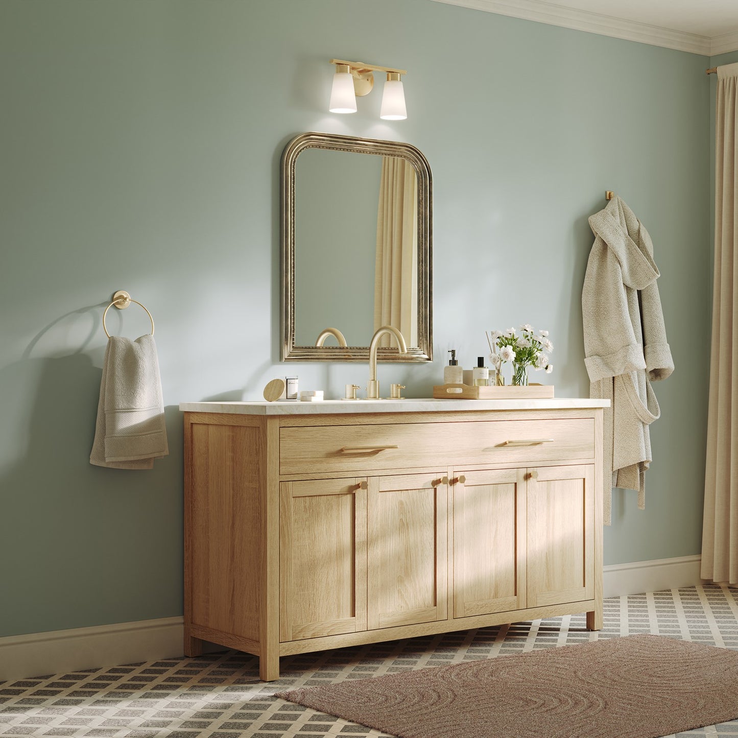 Kichler Stamos 13.25in 2-Light Vanity Light | Modern Brushed Gold Steel and Clear Satin Etched Glass | Bathroom Vanity | 13.25 x 8.25 in | Model 55120BG