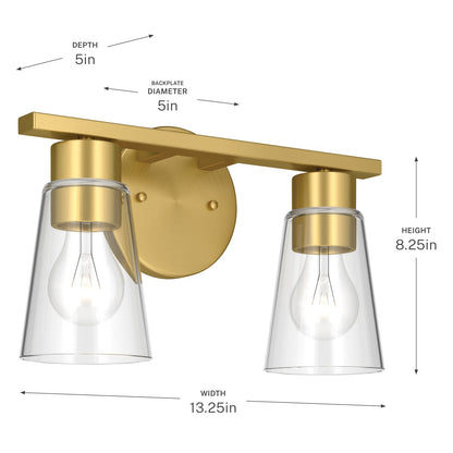 Kichler Stamos 13.25in 2-Light Vanity Light | Modern Brushed Gold Steel and Clear Glass | Bathroom Vanity | 13.25 x 8.25 in | Model 55120BGCLR