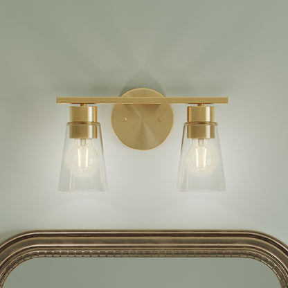 Kichler Stamos 13.25in 2-Light Vanity Light | Modern Brushed Gold Steel and Clear Glass | Bathroom Vanity | 13.25 x 8.25 in | Model 55120BGCLR