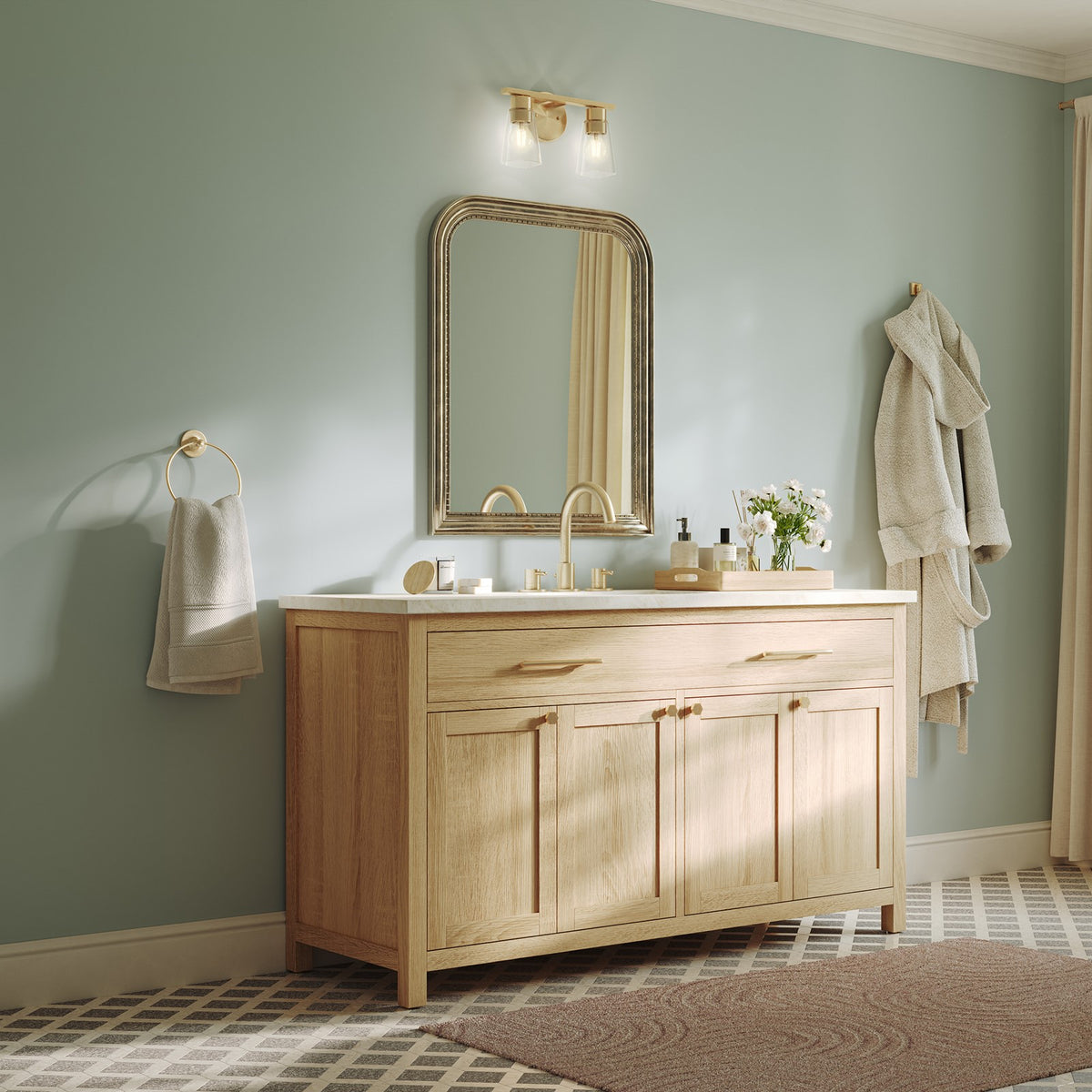 Kichler Stamos 13.25in 2-Light Vanity Light | Modern Brushed Gold Steel and Clear Glass | Bathroom Vanity | 13.25 x 8.25 in | Model 55120BGCLR