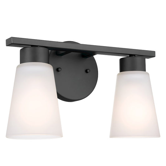Kichler Stamos 2-Light Vanity Light | Industrial Black Steel & Glass | Bathroom & Powder Room Vanity Lighting | 120V, 2x60W Max, Damp Rated | Model 55120BK