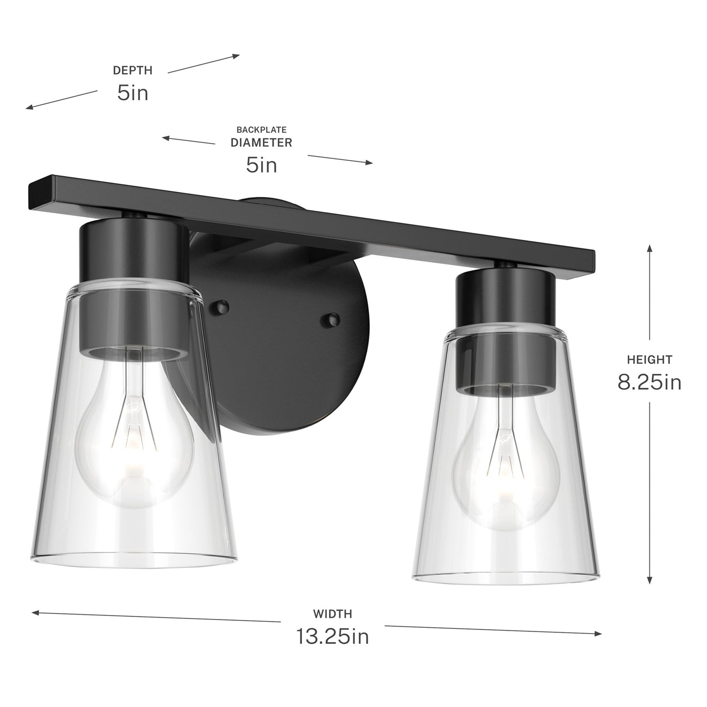 Kichler Stamos 13.25in 2-Light Vanity Light | Modern Black Steel and Clear Glass | Bathroom Vanity | 13.25 x 8.25 in | Model 55120BKCLR