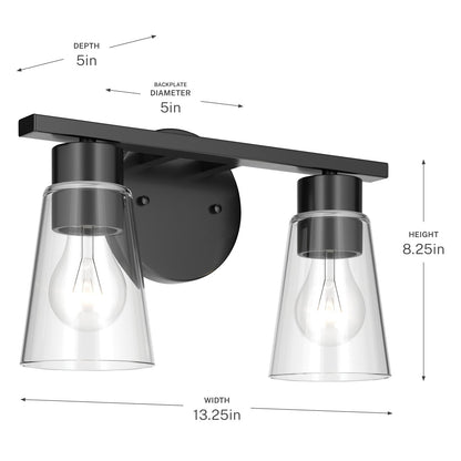 Kichler Stamos 13.25in 2-Light Vanity Light | Modern Black Steel and Clear Glass | Bathroom Vanity | 13.25 x 8.25 in | Model 55120BKCLR