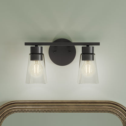 Kichler Stamos 13.25in 2-Light Vanity Light | Modern Black Steel and Clear Glass | Bathroom Vanity | 13.25 x 8.25 in | Model 55120BKCLR