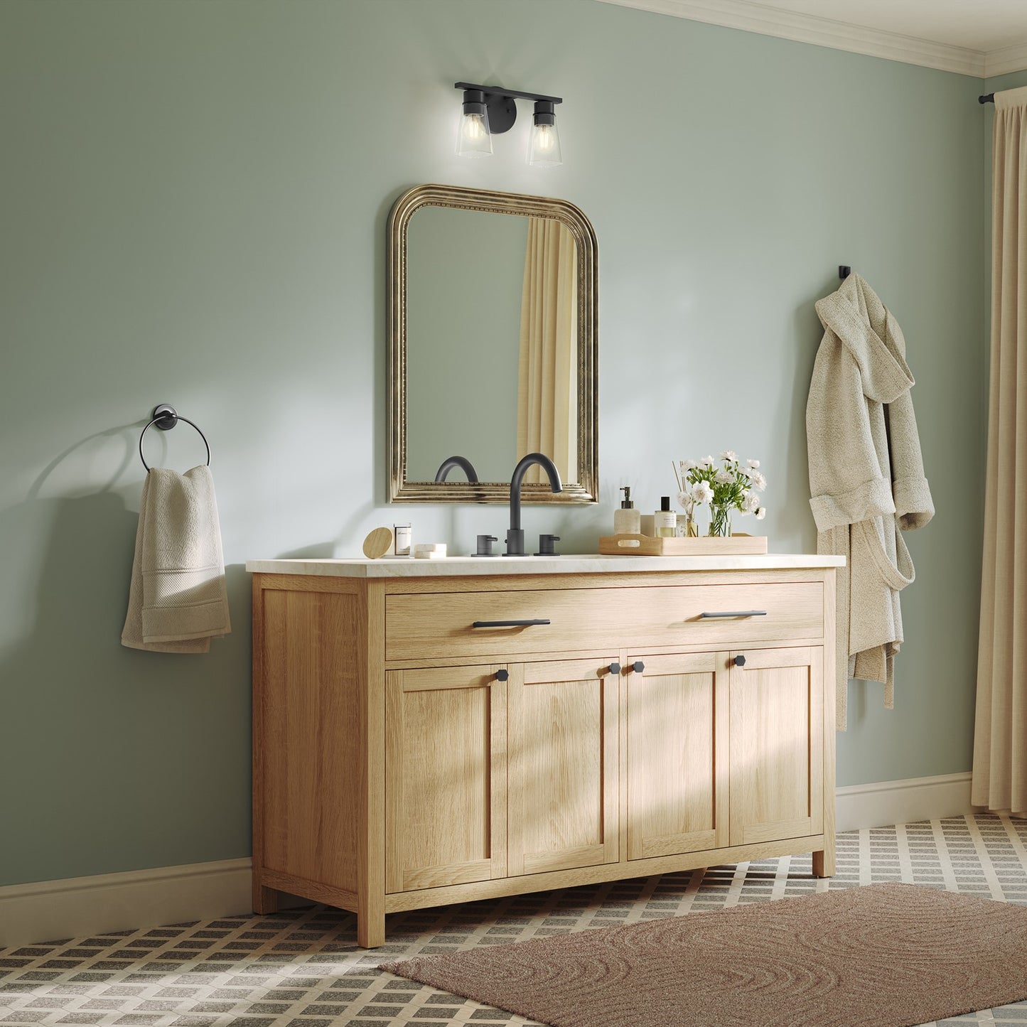 Kichler Stamos 13.25in 2-Light Vanity Light | Modern Black Steel and Clear Glass | Bathroom Vanity | 13.25 x 8.25 in | Model 55120BKCLR