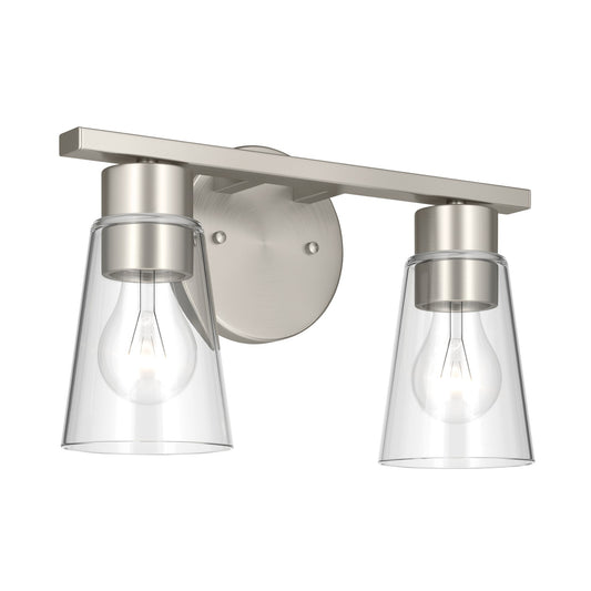 Kichler Stamos 13.25in 2-Light Vanity Light | Modern Brushed Nickel Steel and Clear Glass | Bathroom Vanity | 13.25 x 8.25 in | Model 55120NICLR