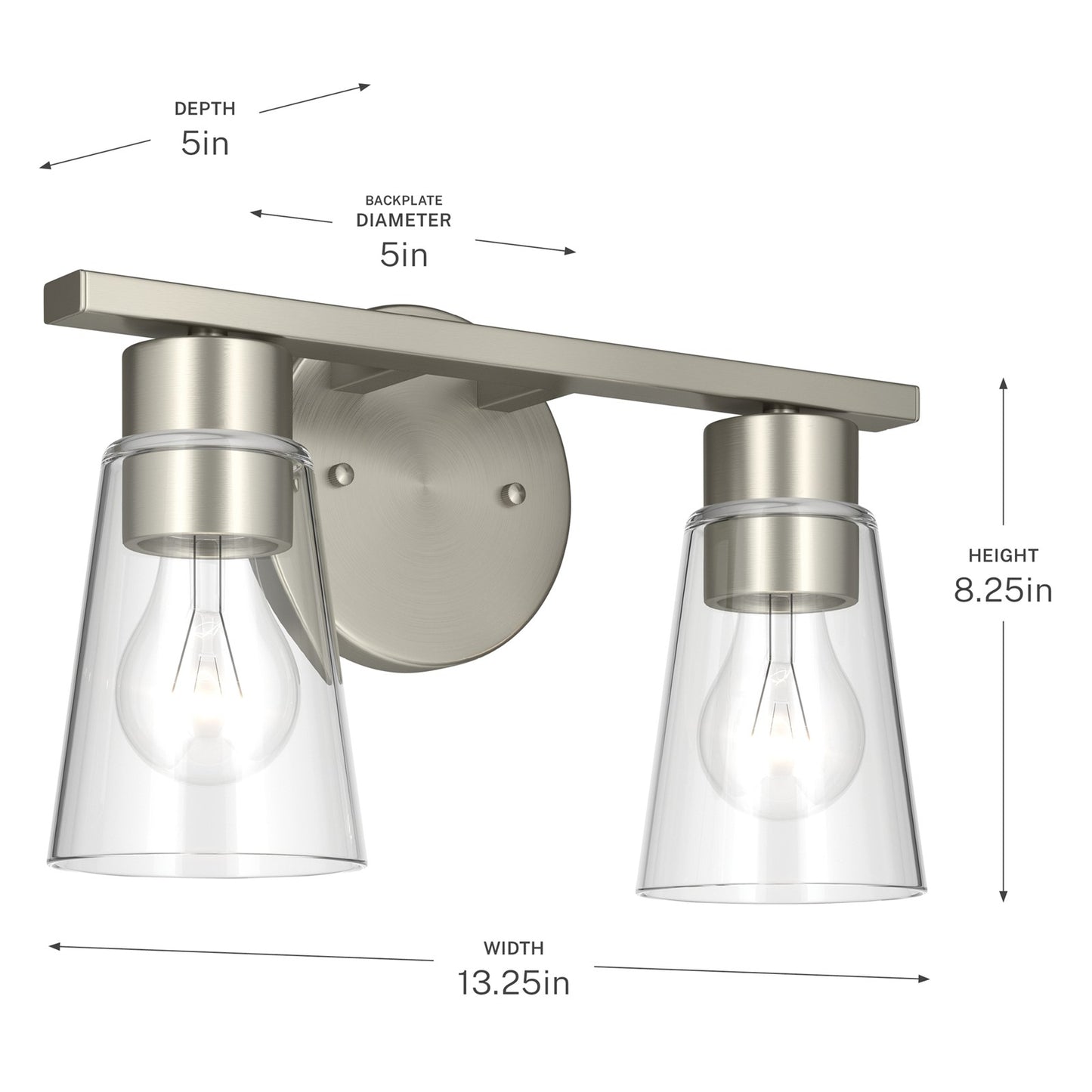 Kichler Stamos 13.25in 2-Light Vanity Light | Modern Brushed Nickel Steel and Clear Glass | Bathroom Vanity | 13.25 x 8.25 in | Model 55120NICLR