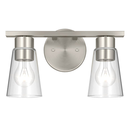 Kichler Stamos 13.25in 2-Light Vanity Light | Modern Brushed Nickel Steel and Clear Glass | Bathroom Vanity | 13.25 x 8.25 in | Model 55120NICLR