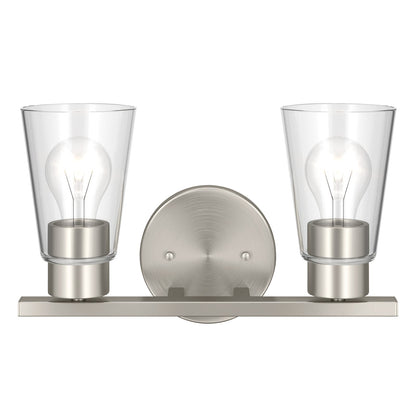 Kichler Stamos 13.25in 2-Light Vanity Light | Modern Brushed Nickel Steel and Clear Glass | Bathroom Vanity | 13.25 x 8.25 in | Model 55120NICLR