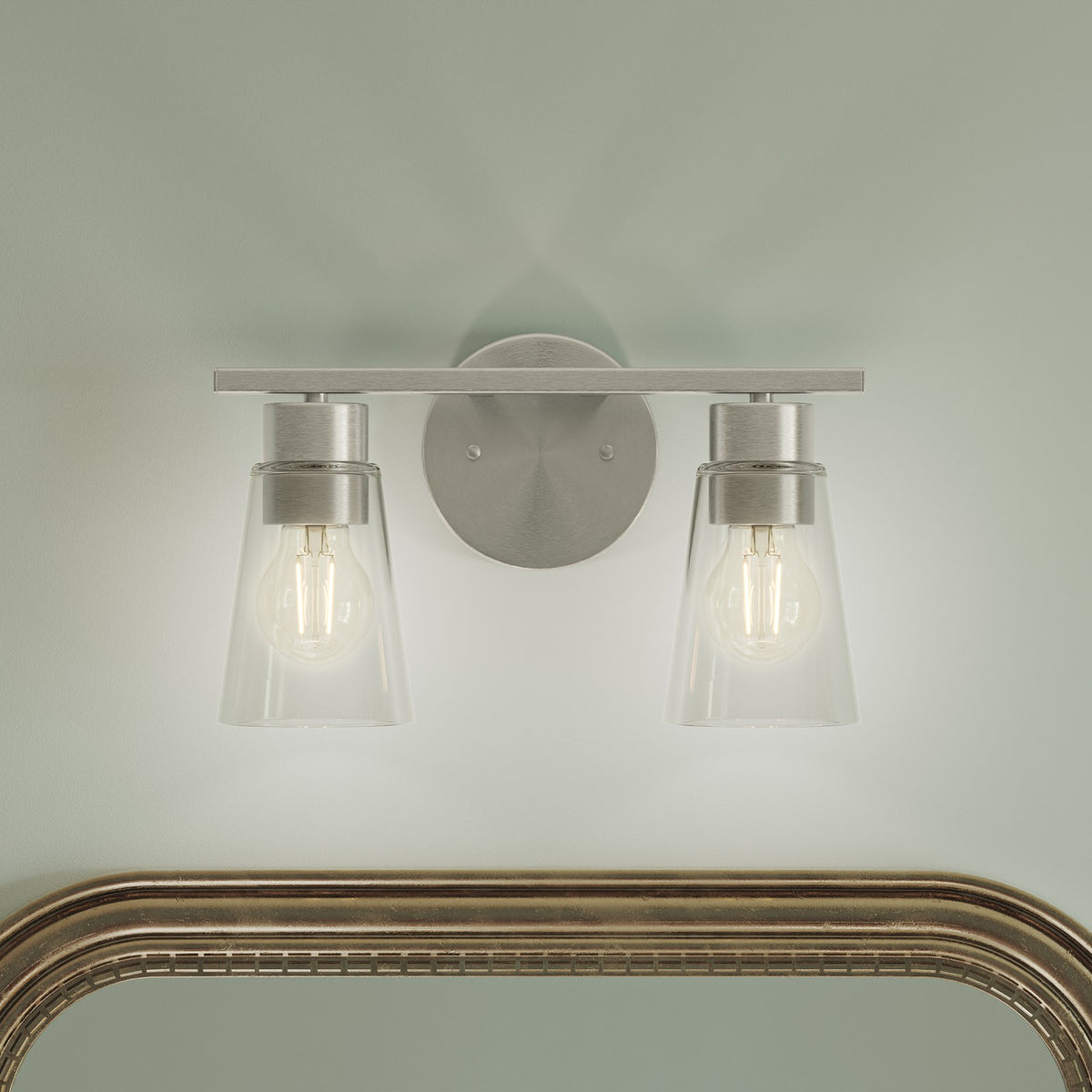 Kichler Stamos 13.25in 2-Light Vanity Light | Modern Brushed Nickel Steel and Clear Glass | Bathroom Vanity | 13.25 x 8.25 in | Model 55120NICLR