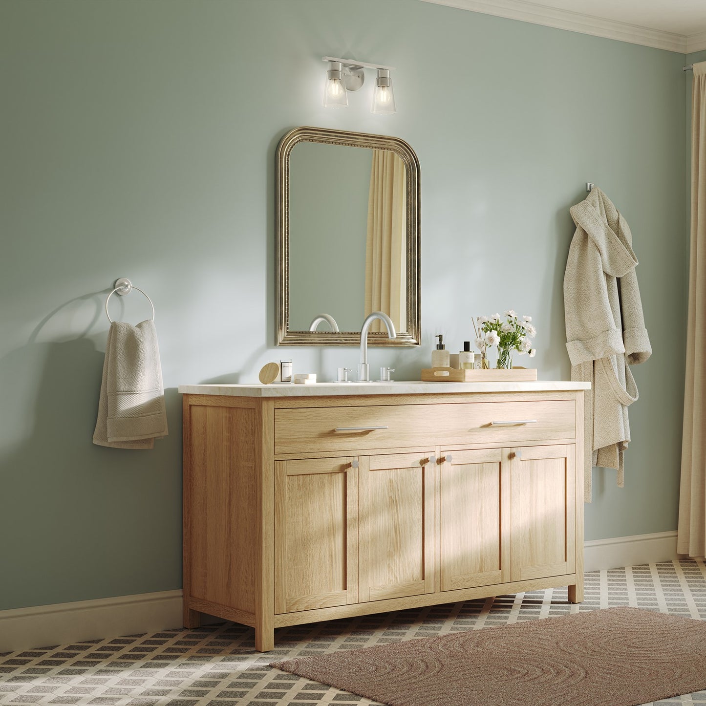 Kichler Stamos 13.25in 2-Light Vanity Light | Modern Brushed Nickel Steel and Clear Glass | Bathroom Vanity | 13.25 x 8.25 in | Model 55120NICLR