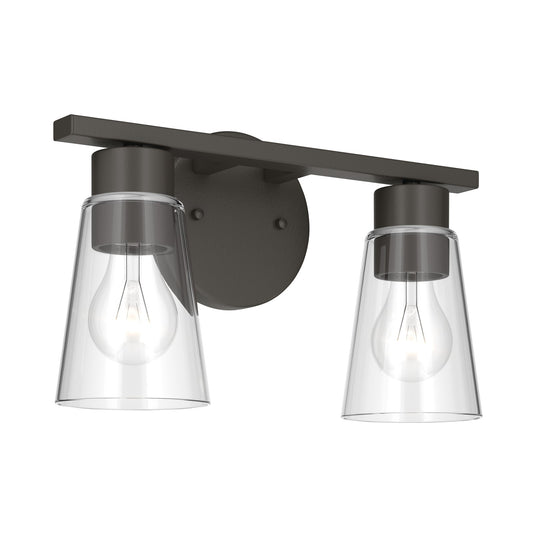 Kichler Stamos 13.25in 2-Light Bathroom Vanity Light | Modern Olde Bronze Steel and Clear Glass | Bathroom Vanity | 13.25 x 8.25 in | Model 55120OZCLR