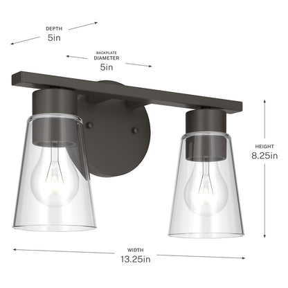 Kichler Stamos 13.25in 2-Light Bathroom Vanity Light | Modern Olde Bronze Steel and Clear Glass | Bathroom Vanity | 13.25 x 8.25 in | Model 55120OZCLR