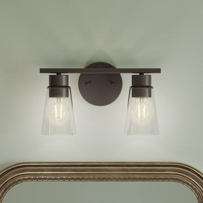Kichler Stamos 13.25in 2-Light Bathroom Vanity Light | Modern Olde Bronze Steel and Clear Glass | Bathroom Vanity | 13.25 x 8.25 in | Model 55120OZCLR