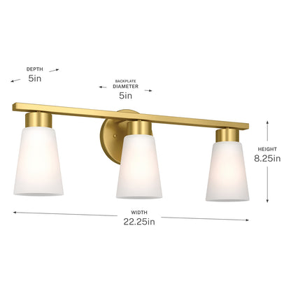 Kichler Stamos 22.25in 3-Light Bathroom Vanity Light | Modern Brushed Gold Steel and Satin Etched Glass | Bathroom Vanity | 22.25 x 8.25 in | Model 55121BG