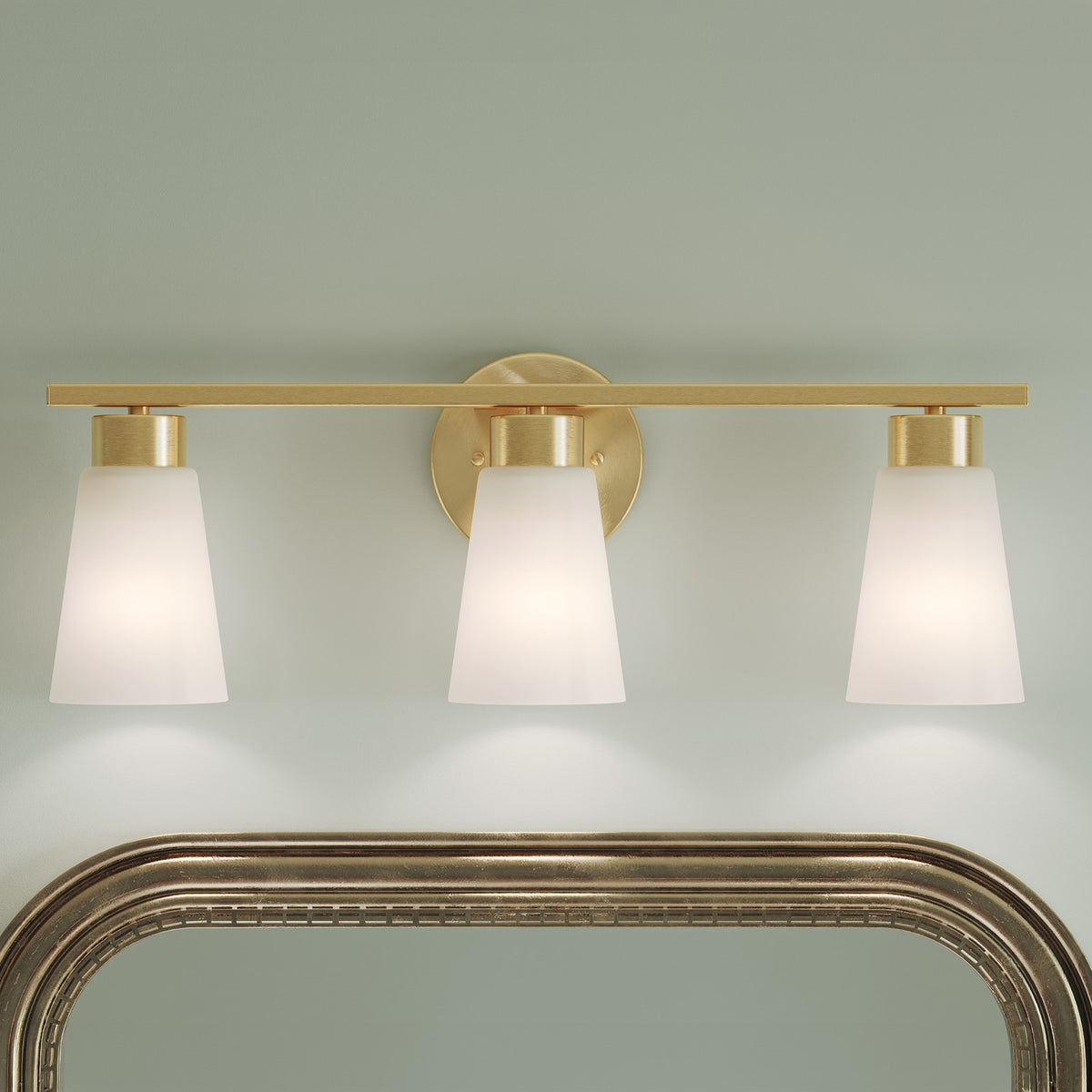 Kichler Stamos 22.25in 3-Light Bathroom Vanity Light | Modern Brushed Gold Steel and Satin Etched Glass | Bathroom Vanity | 22.25 x 8.25 in | Model 55121BG