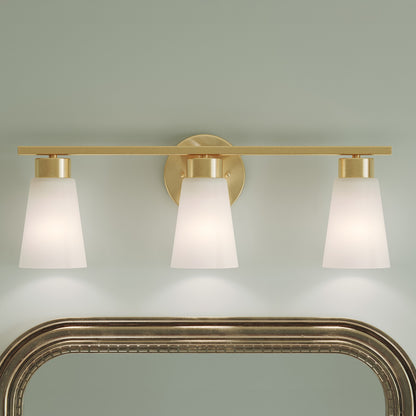 Kichler Stamos 22.25in 3-Light Bathroom Vanity Light | Modern Brushed Gold Steel and Satin Etched Glass | Bathroom Vanity | 22.25 x 8.25 in | Model 55121BG