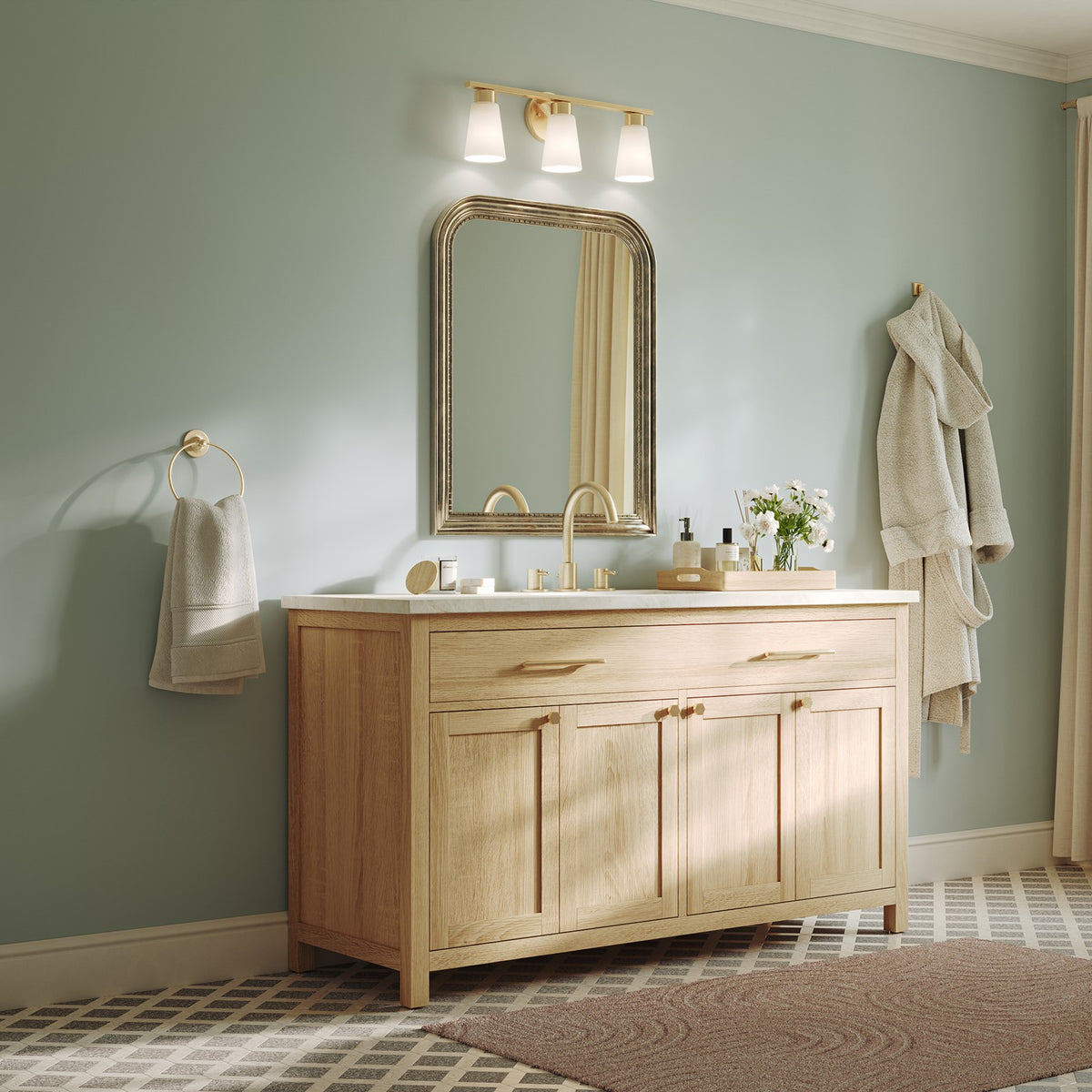 Kichler Stamos 22.25in 3-Light Bathroom Vanity Light | Modern Brushed Gold Steel and Satin Etched Glass | Bathroom Vanity | 22.25 x 8.25 in | Model 55121BG