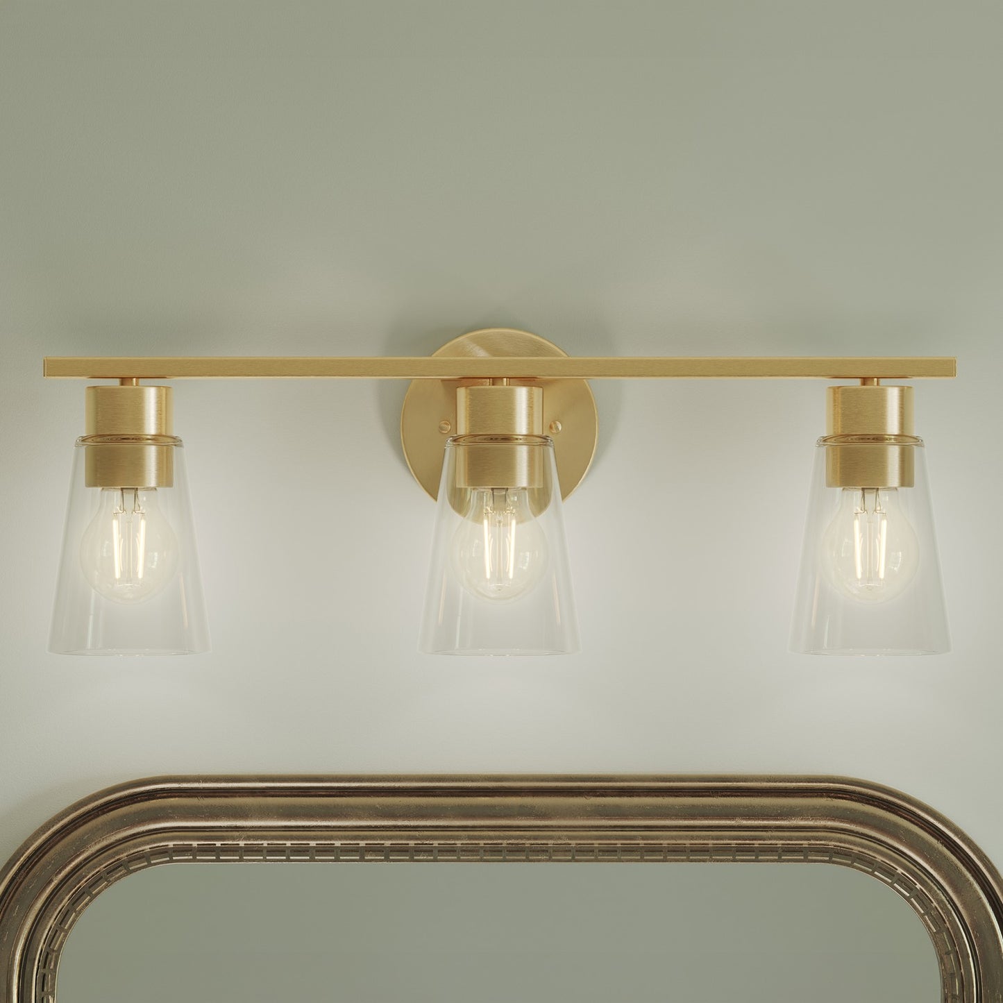 Kichler Stamos 22.25in 3-Light Bathroom Vanity Light | Modern Brushed Gold Steel and Clear Glass | Bathroom Vanity | 22.25 x 8.25 in | Model 55121BGCLR