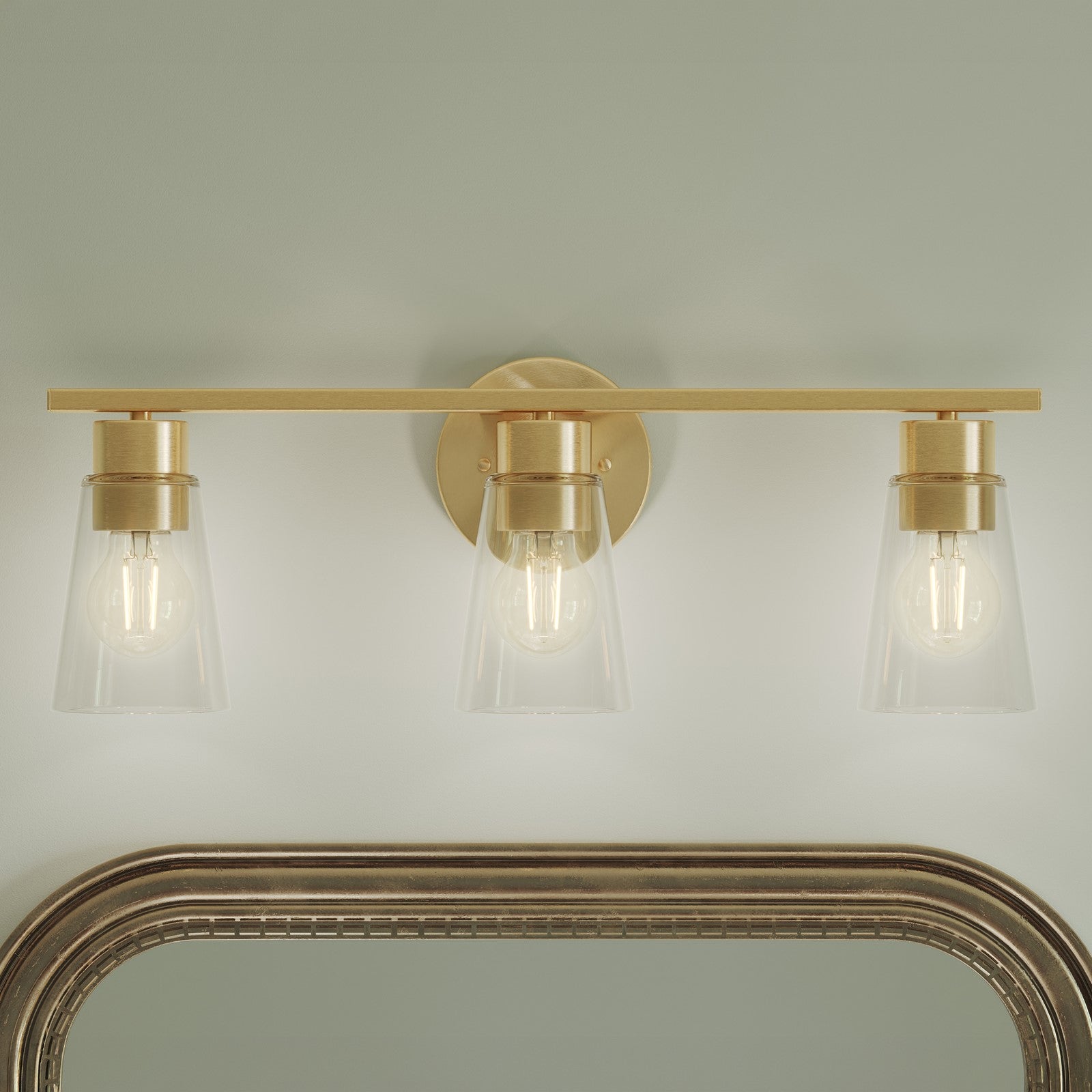 Kichler Stamos 22.25in 3-Light Bathroom Vanity Light | Modern Brushed Gold Steel and Clear Glass | Bathroom Vanity | 22.25 x 8.25 in | Model 55121BGCLR