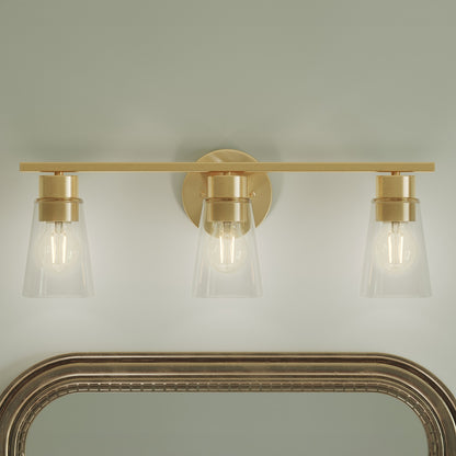 Kichler Stamos 22.25in 3-Light Bathroom Vanity Light | Modern Brushed Gold Steel and Clear Glass | Bathroom Vanity | 22.25 x 8.25 in | Model 55121BGCLR