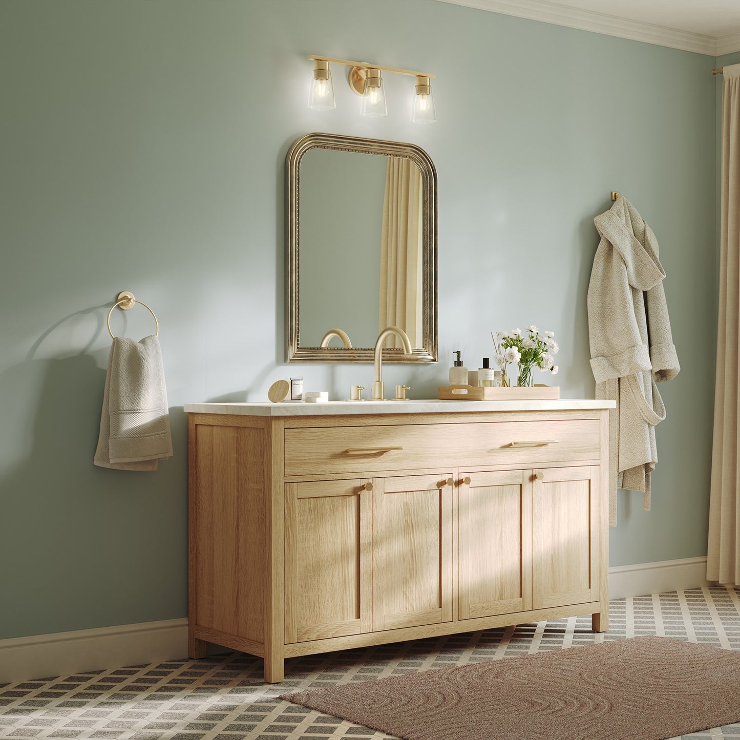 Kichler Stamos 22.25in 3-Light Bathroom Vanity Light | Modern Brushed Gold Steel and Clear Glass | Bathroom Vanity | 22.25 x 8.25 in | Model 55121BGCLR