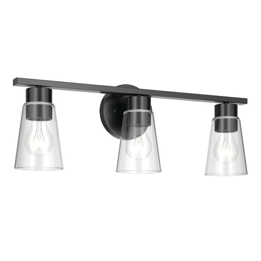 Kichler Stamos 22.25in 3-Light Bathroom Vanity Light | Modern Black Steel and Clear Glass | Bathroom Vanity | 22.25 x 8.25 in | Model 55121BKCLR