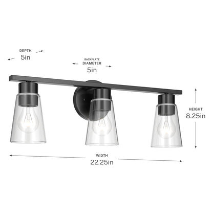 Kichler Stamos 22.25in 3-Light Bathroom Vanity Light | Modern Black Steel and Clear Glass | Bathroom Vanity | 22.25 x 8.25 in | Model 55121BKCLR