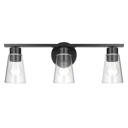 Kichler Stamos 22.25in 3-Light Bathroom Vanity Light | Modern Black Steel and Clear Glass | Bathroom Vanity | 22.25 x 8.25 in | Model 55121BKCLR