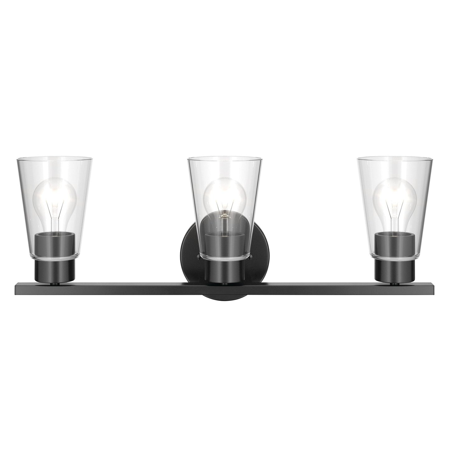 Kichler Stamos 22.25in 3-Light Bathroom Vanity Light | Modern Black Steel and Clear Glass | Bathroom Vanity | 22.25 x 8.25 in | Model 55121BKCLR