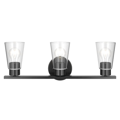 Kichler Stamos 22.25in 3-Light Bathroom Vanity Light | Modern Black Steel and Clear Glass | Bathroom Vanity | 22.25 x 8.25 in | Model 55121BKCLR