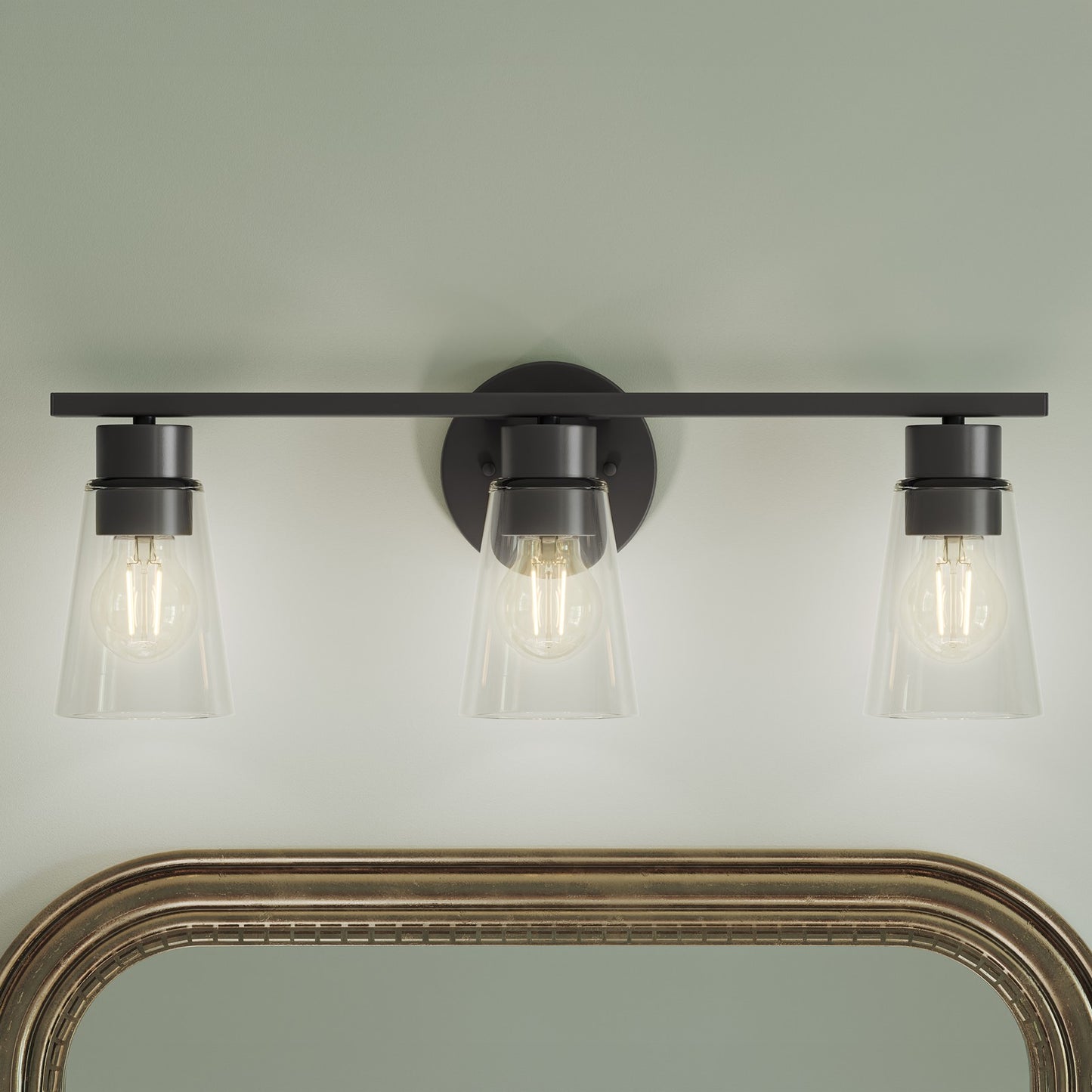 Kichler Stamos 22.25in 3-Light Bathroom Vanity Light | Modern Black Steel and Clear Glass | Bathroom Vanity | 22.25 x 8.25 in | Model 55121BKCLR