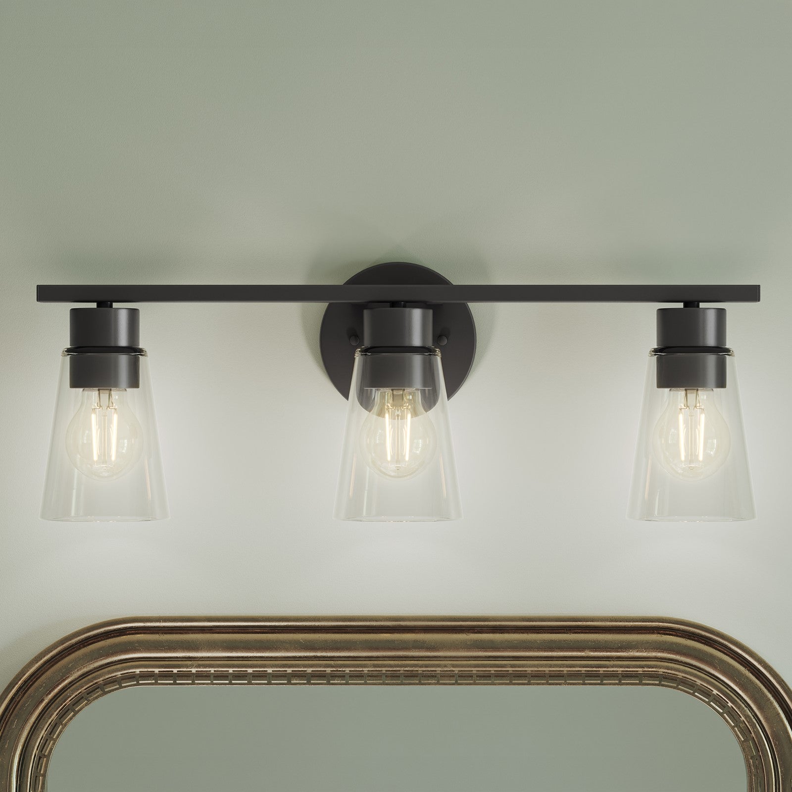 Kichler Stamos 22.25in 3-Light Bathroom Vanity Light | Modern Black Steel and Clear Glass | Bathroom Vanity | 22.25 x 8.25 in | Model 55121BKCLR