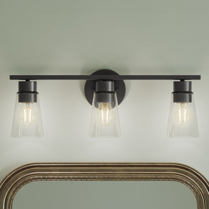 Kichler Stamos 22.25in 3-Light Bathroom Vanity Light | Modern Black Steel and Clear Glass | Bathroom Vanity | 22.25 x 8.25 in | Model 55121BKCLR