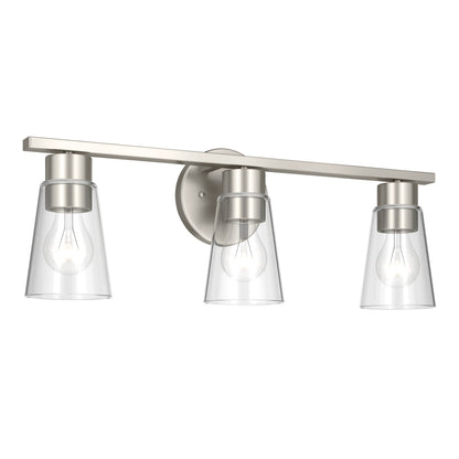 Kichler Stamos 22.25in 3-Light Vanity Light | Modern Brushed Nickel Steel and Clear Satin Etched Glass | Bathroom Vanity | 22.25 x 8.25 in | Model 55121NICLR