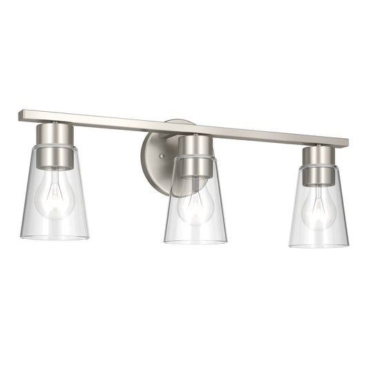 Kichler Stamos 22.25in 3-Light Vanity Light | Modern Brushed Nickel Steel and Clear Satin Etched Glass | Bathroom Vanity | 22.25 x 8.25 in | Model 55121NICLR