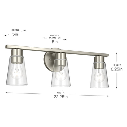 Kichler Stamos 22.25in 3-Light Vanity Light | Modern Brushed Nickel Steel and Clear Satin Etched Glass | Bathroom Vanity | 22.25 x 8.25 in | Model 55121NICLR