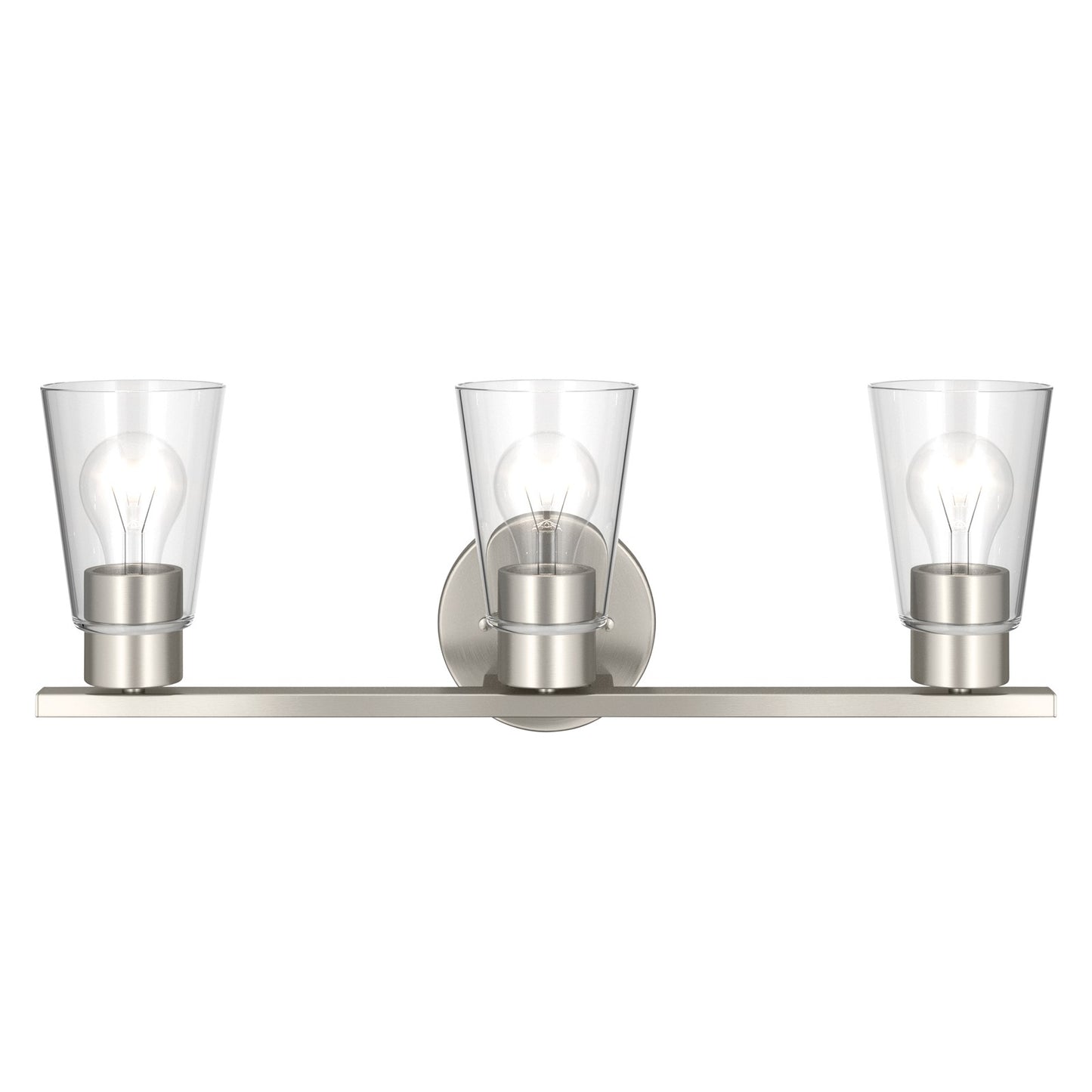 Kichler Stamos 22.25in 3-Light Vanity Light | Modern Brushed Nickel Steel and Clear Satin Etched Glass | Bathroom Vanity | 22.25 x 8.25 in | Model 55121NICLR