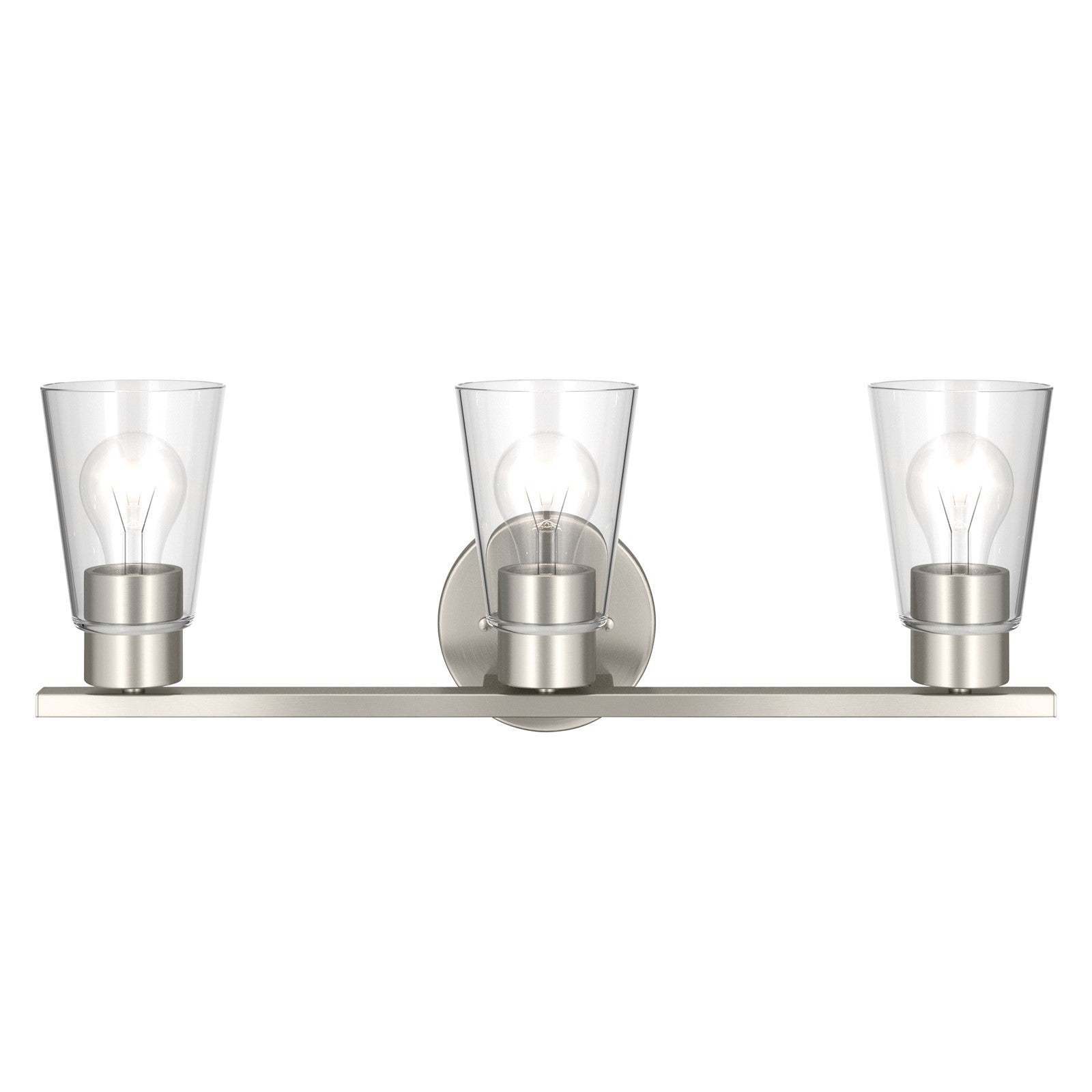 Kichler Stamos 22.25in 3-Light Vanity Light | Modern Brushed Nickel Steel and Clear Satin Etched Glass | Bathroom Vanity | 22.25 x 8.25 in | Model 55121NICLR