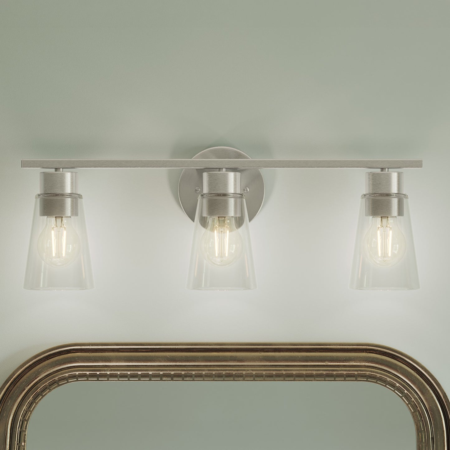 Kichler Stamos 22.25in 3-Light Vanity Light | Modern Brushed Nickel Steel and Clear Satin Etched Glass | Bathroom Vanity | 22.25 x 8.25 in | Model 55121NICLR
