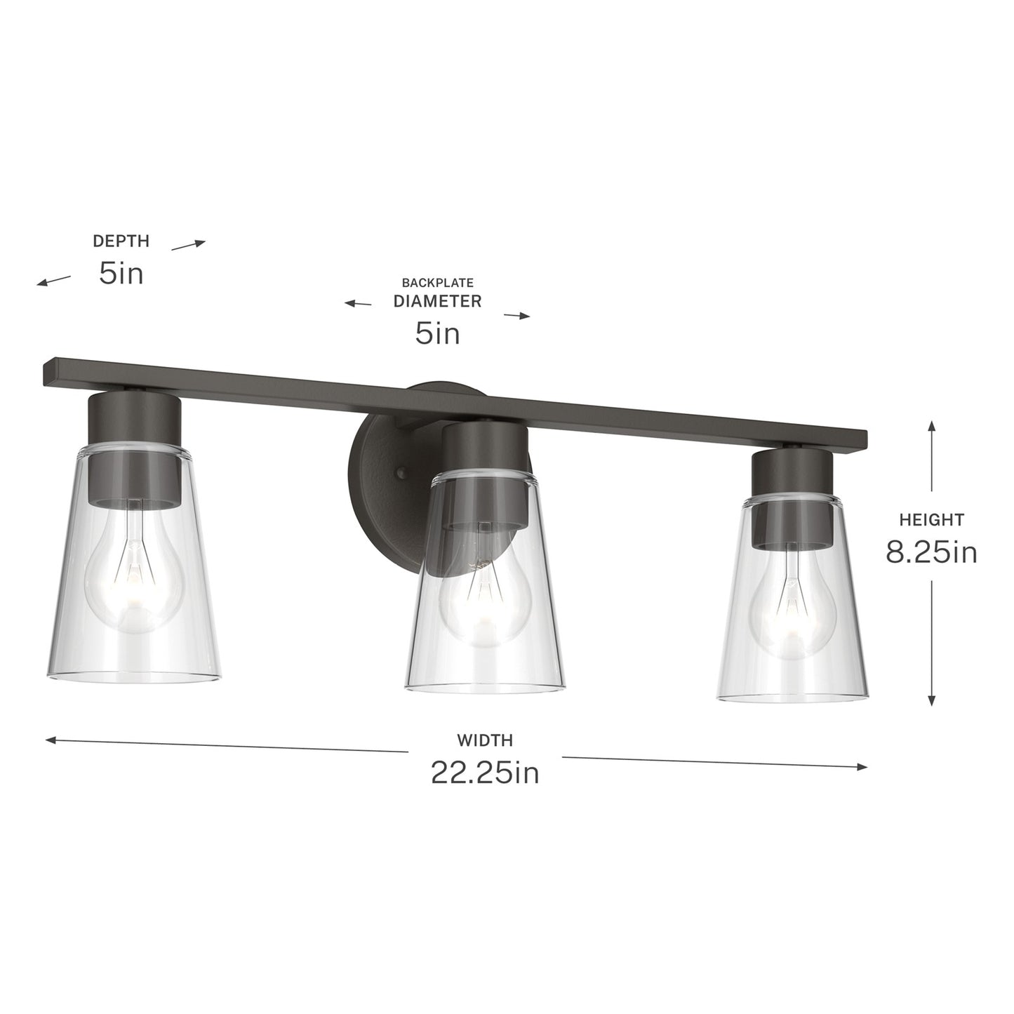 Kichler Stamos 22.25in 3-Light Vanity Light | Modern Olde Bronze Steel and Clear Satin Etched Glass | Bathroom Vanity | 22.25 x 8.25 in | Model 55121OZCLR