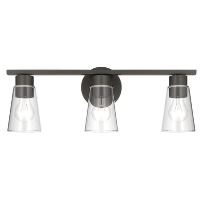 Kichler Stamos 22.25in 3-Light Vanity Light | Modern Olde Bronze Steel and Clear Satin Etched Glass | Bathroom Vanity | 22.25 x 8.25 in | Model 55121OZCLR