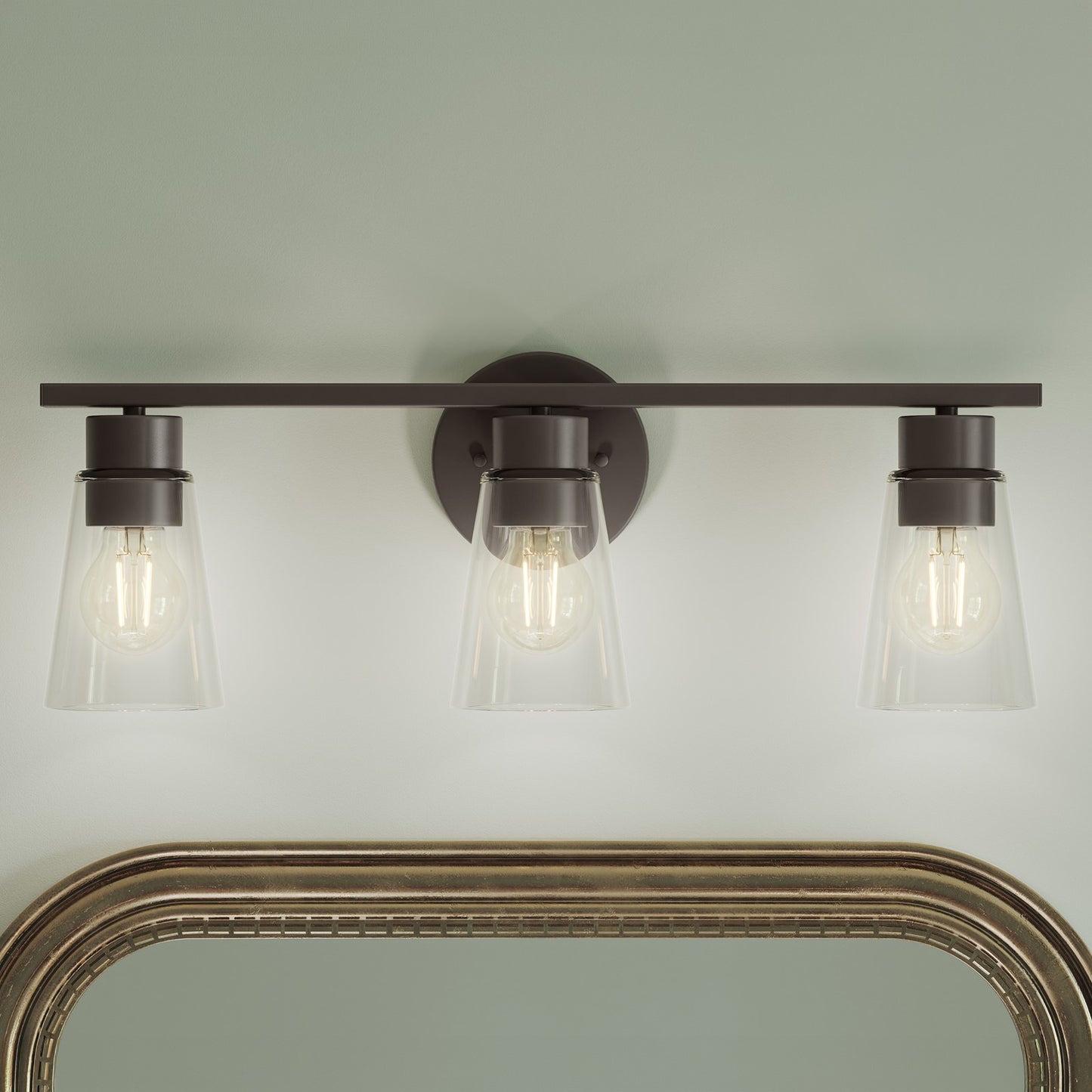 Kichler Stamos 22.25in 3-Light Vanity Light | Modern Olde Bronze Steel and Clear Satin Etched Glass | Bathroom Vanity | 22.25 x 8.25 in | Model 55121OZCLR