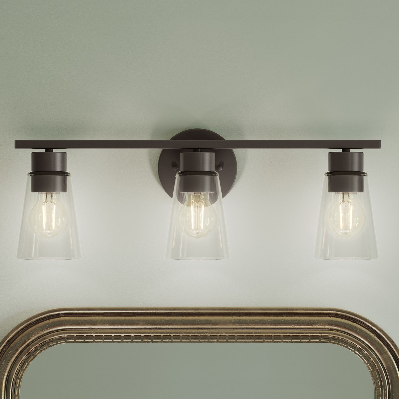 Kichler Stamos 22.25in 3-Light Vanity Light | Modern Olde Bronze Steel and Clear Satin Etched Glass | Bathroom Vanity | 22.25 x 8.25 in | Model 55121OZCLR