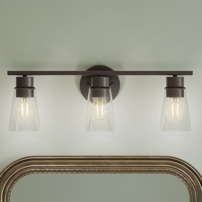 Kichler Stamos 22.25in 3-Light Vanity Light | Modern Olde Bronze Steel and Clear Satin Etched Glass | Bathroom Vanity | 22.25 x 8.25 in | Model 55121OZCLR