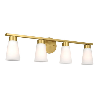 Kichler Stamos 31.25in 4-Light Vanity Light | Modern Brushed Gold Steel and Clear Satin Etched Glass | Bathroom Vanity | 31.25 x 8.25 in | Model 55122BG