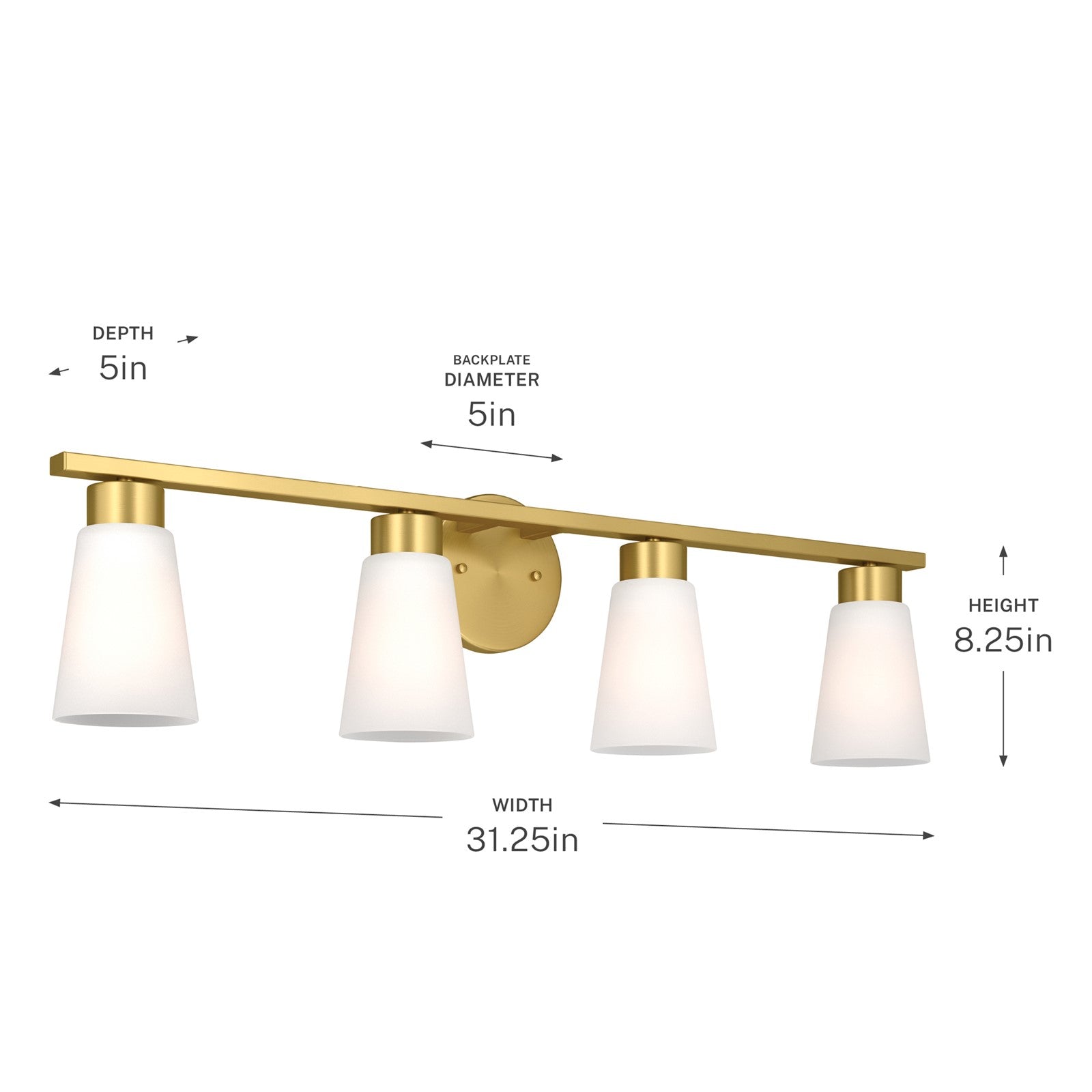 Kichler Stamos 31.25in 4-Light Vanity Light | Modern Brushed Gold Steel and Clear Satin Etched Glass | Bathroom Vanity | 31.25 x 8.25 in | Model 55122BG
